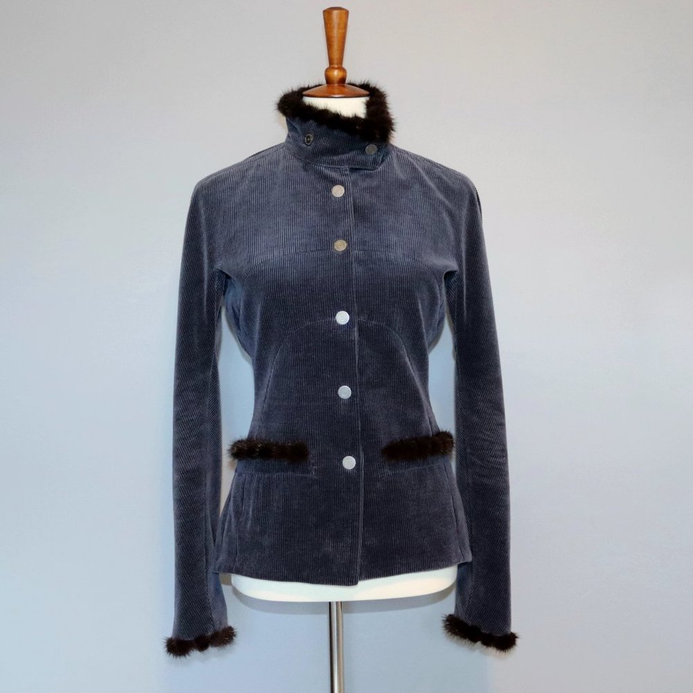 CHANEL Sz 40 Blazer Jacket Navy Corduroy Mink Fur Trim Cashmere Vintage 2 / 4